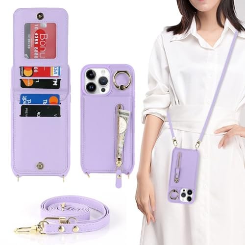 Zouzt for iPhone 14 Pro Max Case with Cord and Card Holde, Zipper Wallet Case with Crossbody Lanyard Ring Adjustable Necklace Protective Cover Women for iPhone 14 Pro Max 6.7 Inch - Purple