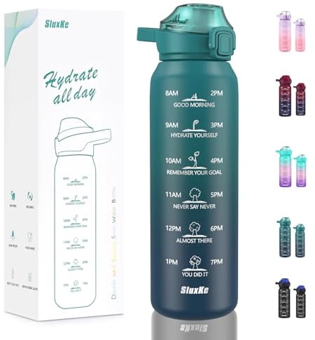 SLUXKE Gourde de 500 ml en acier inoxydable 18/10 avec bouchon anti-fuite et poignée, isotherme pour boissons chaudes et gazeuses, bleue