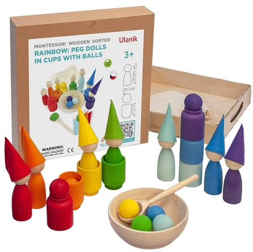 Ulanik Große Regenbogen Steckpuppen und Bälle in Tassen Montessori Spielzeug ab 3 Jahre + Waldorf Puppen Sensorik Holzspiele zum Farben Lernen — 7 Zwerge
