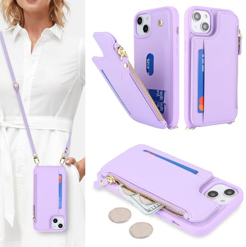 SailorTech Handyhülle für iPhone 15 Etui mit Kartenfach, iPhone 15 Hülle mit Verstellbarer Halskette, iPhone 15 Handytasche mit Reißverschluss Geldbörse - Violett