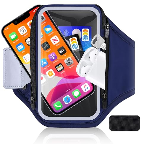 6.8'' Running Phone Holder with Earphone Bag RAZOBWS Phone Holder for Running Armband for iPhone 15 14 13 12 11 Plus Pro Max Galaxy S20 - S24 Ultra Waterproof Arm band Accessories with Car Key Pocket