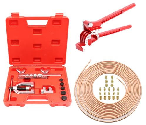 RUIZHI Kit Tuyau Frein Voiture, Ligne Frein en Acier Cuivré 7.6 M, Ø4,75mm, avec Cintreuse Tube Cuivre, 16 Raccords + 5 Connecteurs, IdéAl pour Les SystèMes De Freinage Hydrauliques De Voiture