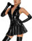 Damen-Kleid mit Reißverschluss, Lackleder, Rüschen, Latex-Look, Stehkragen, ärmellos, eng anliegend, figurbetontes Partykleid – Schwarz A-4XL