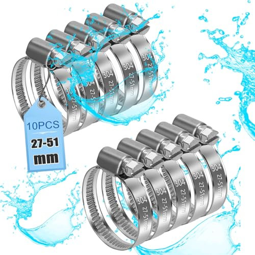 moveland Lot de 10 colliers de serrage 27-51 mm en acier inoxydable 304 - Colliers de serrage réglables - N'endommage pas le tuyau - Pour jardin, piscine, cheminée
