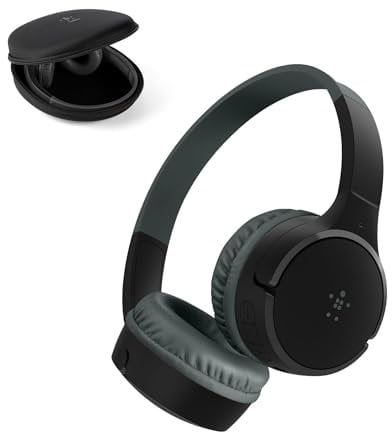 Belkin SoundForm Mini Kids Wireless Headphones w/Built-in Microphone, 30H of Playback Time, Fun Stickers, & Case - Over-Ear Headsets for Online Learning, School, iPhone, iPad, Galaxy, & More - Black