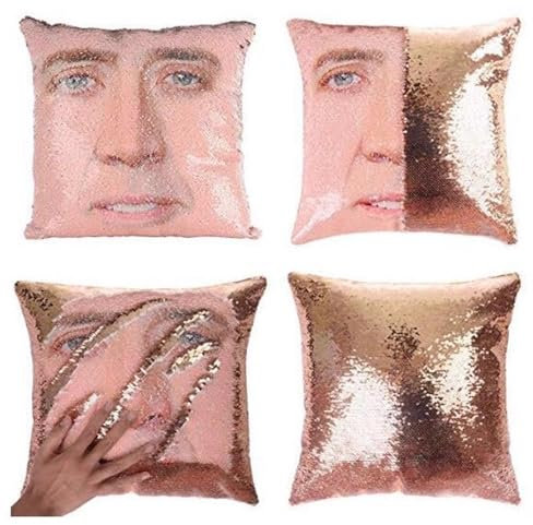 Zuuskra Nicolas Cage Pailletten-Kissenbezug, lustiges Gag-Geschenk, dekorativ, wendbar, magisch, 40,6 x 40,6 cm, glitzernder Nikolaus-Kissenbezug für Couch
