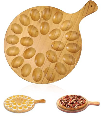 Huakaile Bandeja redonda de madera para huevos rellenos de 2 lados y tabla de embutidos, bandeja redonda para huevos rellenos para cortar queso y servir huevos rellenos (24 ranuras)