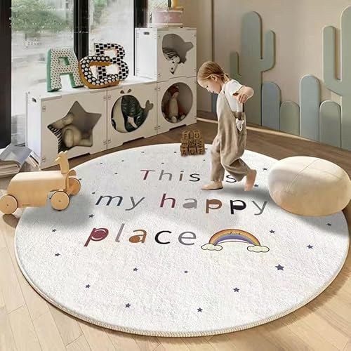 Poowe Runder Regenbogen-Teppich für Kinder, weich, flauschig, Kinder-Bauteppich für Spielzimmer, rutschfester Bagger-Teppich für Jungenzimmer, rund, 120 cm