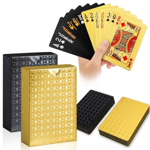 WUGAUWOR Carte da Gioco in Plastica Impermeabili, Oro e Nero, Carte da Poker Professionali 2 Packs, Mazzo di Carte, Carte Poker Diamante per Blackjack Texas Canasta Bridge Giochi di Carte per Adulti