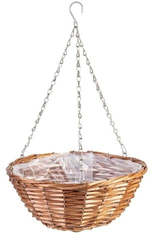 Peyca Cesto Colgante de Mimbre Natural con Cadena de Aluminio para Plantas. Macetero. Cestas Plantas Colgantes. Plantas de Interior y Exterior (Marron, 35x17cm)