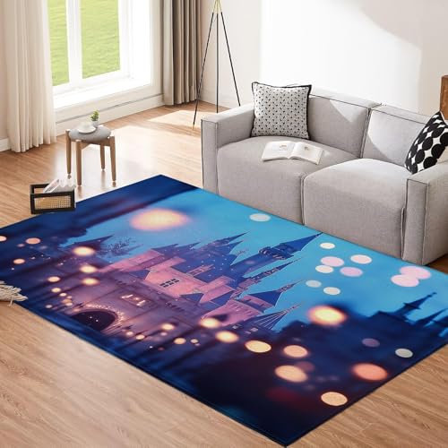 Cartoon-Schloss Teppich für Wohnzimmer, 140x200cm Waschbarer Kurzflor Rechteckiger Rutschfester für Schlafzimmer Küche Esszimmer Nachtansicht Deko Carpet