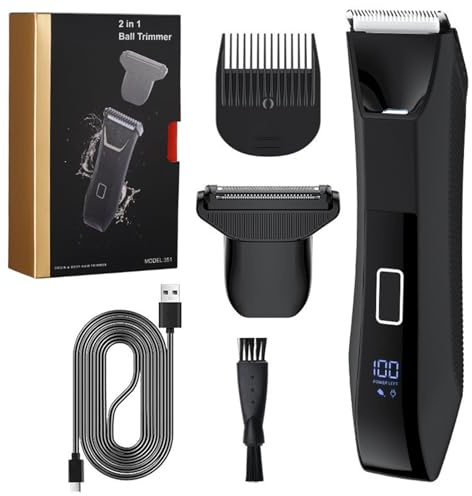 2-in-1 Body Trimmer & Shaver for Men, Dual-Head Groin & Pubic Hair Trimmer, Safe Ceramic & 3-in-1 Foil Blades, USB-C Rechargeable Body Groomer with LED Light, IPX7 Waterproof, Cordless Ball Razor
