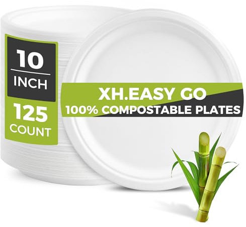 XH.Easy Go 10 Inch Paper Plates Heavy-Duty Disposable Plates Bulk [125 Pcs], 100% Compostable and Eco-Friendly Biodegradable Plate, Made of Sugarcane Fibers, 10 White Dishes