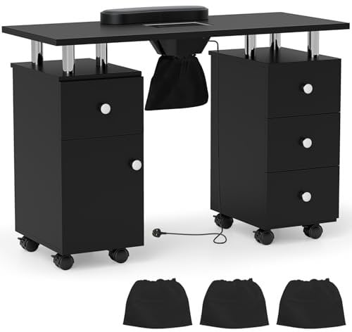 COSTWAY Mobile Manicure Table, Professional Nail Station Beauty Technician Desk with Electric Dust Collector, Wrist Rest, 4 Drawers, Cabinet and Wheels, Art Spa Salon Workstation Nail Table (Black)
