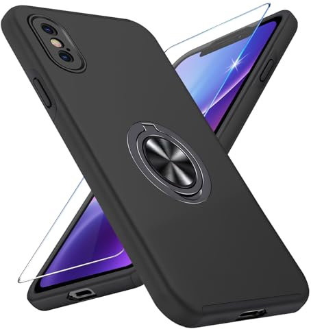 Vaki Handyhülle für iPhone X/XS Hülle mit Schutzfolie, Schutzhülle Case mit 360° Magnetischer Ring Ständer Kratzfest Fallfestigkeit Stoßfest für iPhone X/XS Cover (Schwarz)