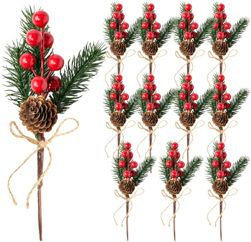 Fangoo 12 Stück 20cm Künstliche Tannenzweige mit Roten Beeren Natürlichen Tannenzapfen Weihnachten Dekorationen für Tischdeko Weihnachten DIY Bastelgeschenk Kränze Urlaubsdekoration
