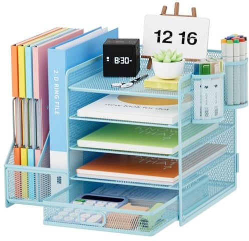 Marbrasse Organisateur de Bureau avec Porte-Documents,5-Niveaux Porte-Lettres Rangement Maille,pour Fournitures de Bureau Domicile(Bleu avec Tiroir Porte-Stylos)