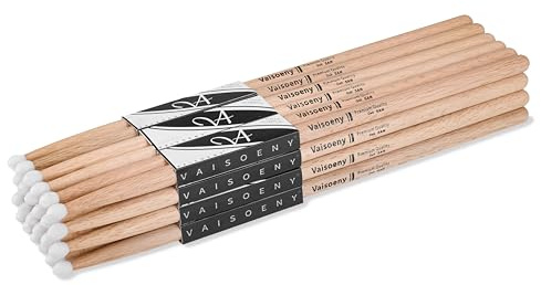 Baguettes Batterie 5A en Chêne avec Olive en Nylon, 12 Paires | Baguettes 5A en chêne haute densité. Olive en nylon pour un son brillant et un rebond réactif