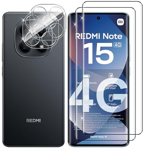 Lutree Cristal Templado para Xiaomi Redmi Note 15 4G, 2+2 Piezas 3D Protector de Pantalla + Protector de Lente de Cámara, Dureza 9H HD Sin Burbujas Vidrio Templado Película Protectora