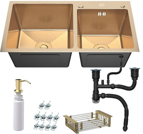 ANW HOME Lavello Cucina 2 Vasche 78x43 cm, Oro PVD | Incasso, Rivestimento Nano, Spessore 3.0+1 mm
