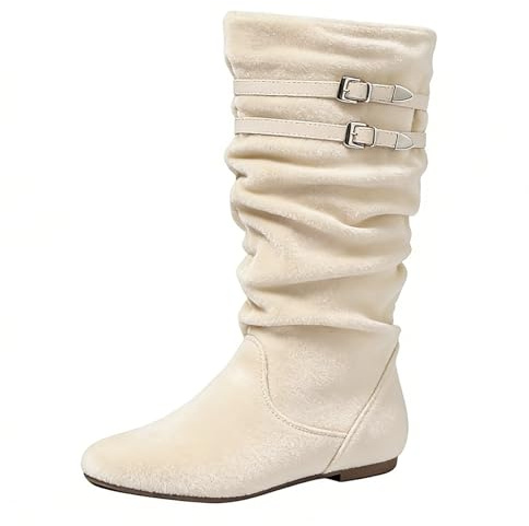 Stivali In Camoscio Da Donna Slouchy Al Polpaccio Medio Retrò Con Arricciature Punta Tonda Tacco Basso E Piatto Con Cerniera Laterale Scarpe Per Tutte Le Stagioni Per Lavoro Appuntamenti E Viaggi
