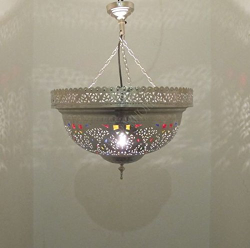 Marokkanische Messing Hängelampe Edel Silber Multi Groß, mit Aufhängekette Baldachin und E27 Lampenfassung, Schöne Dekoration für Wohnzimmer, Küche, Esszimmer, Büro oder Schlafzimmer