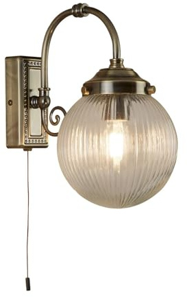 Searchlight 3259AB Belvue One Light Wall Light in Antique Brass with Round Ribbed Glass Shade