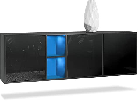 Vladon Kommode Cuba, Made in Germany, Schwarz matt/Schwarz Hochglanz - Modernes Sideboard für Ihr Wohnbereich - (BxHxT) 182x53x35 cm