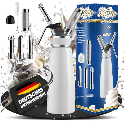 NEMT Sahnespender 0,5 L Sahnesiphon weiss ohne Sahnekapseln 500 ml Sahnespender Aluminium mit Edelstahl Düsen und Reinigungbürste, Auslaufsicherer Sahnebereiter für Schlagsahne, Creme, Mousse