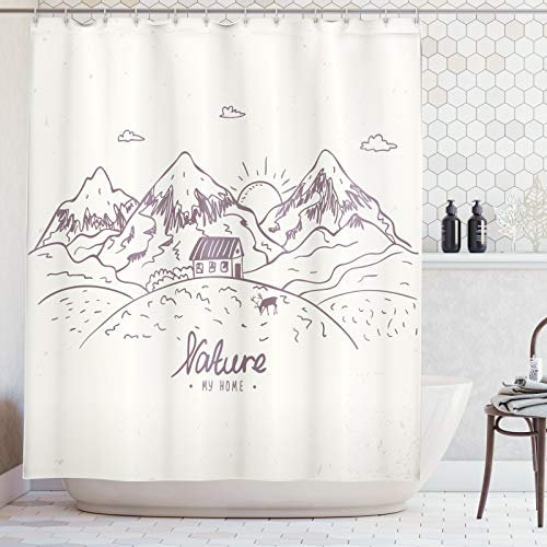 ABAKUHAUS Berg Duschvorhang, Doodle Berg Hirschhaus, Stoffliches Gewebe Badezimmerdekorationsset mit Haken, 175 x 200 cm, Ivory Mauve Taupe