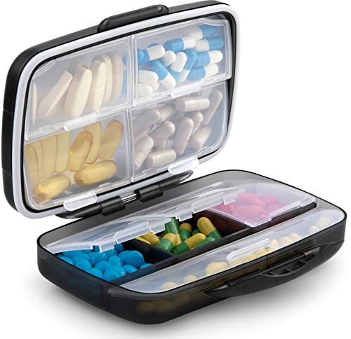 Fullicon Tablettenbox mit 8 Fächern, Vitamin Supplement Box, Pillendose für Medikamente, Tabletten Organizer, Schwarze Tabletten Box für Nahrungsergänzungsmittel