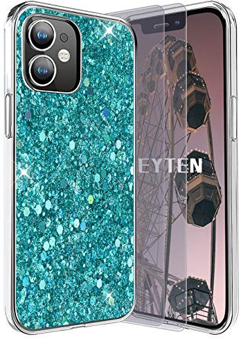 Feyten Compatible with iPhone 13 Mini Case with Screen Protector [2 pack], Bling Shiny Sparkle Glitter Design Ultra Slim Soft TPU Silicone Cover for iPhone 13 Mini 5.4 Inch (Green)