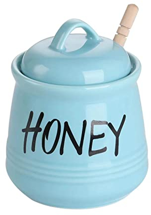 HAOTOP Honigglas aus Porzellan mit Deckel und Honiglöffel, 340 ml, Türkis