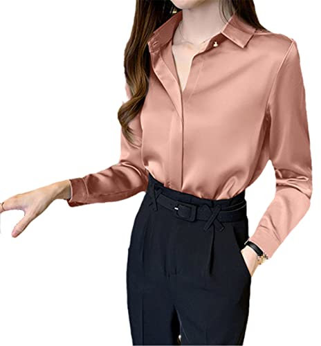 Hinewsa Camicie di seta da donna camicia bianca a maniche lunghe camicetta ufficio signora raso di seta camicetta top plus size camicia di base top, rosa, XL
