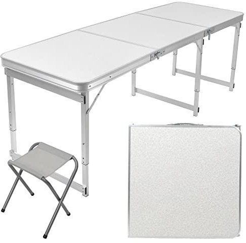 Rainberg Foldable Camping Table Set with Chairs - White, Multipurpose for BBQ, Picnic, Garden Parties - 6FT Table with 6 Chairs