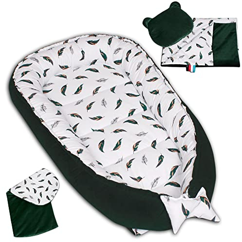 PaLulli 4-TLG Premium Velvet Baby Ausstattung-Set Kuschelnest Babynest 100x55cm herausnehmbarer Baby-Matratze, Kuscheldecke Flachkissen Babybett 100% Baumwolle Hypoallergisch (Feathers)