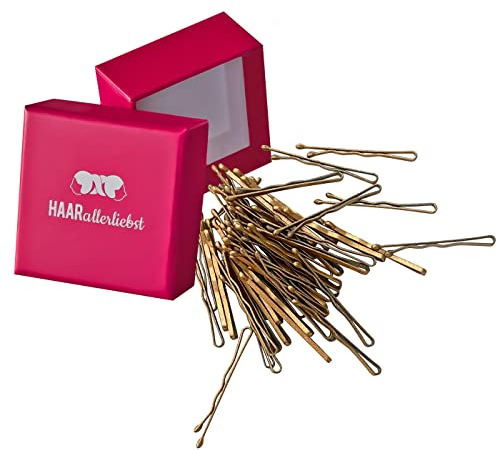 HAARallerliebst 50 Mini Haarnadeln - 3,4 cm klein Bobby Pins - gold glitzernd – Haarklemmen Damen & Hair Pins in pinker Box - Perfekte Haarnadel für Styling & Halt