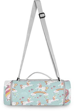 BEUSS Himmel Liebe Einhorn Regenbogen Picknickdecke wasserdicht Kreative Runde Picknick-Matte Kampierende Strand Yoga Decken Matten im Freien Faltbar Leicht Matte Decke mit Tragegriff(148cm x 148cm)