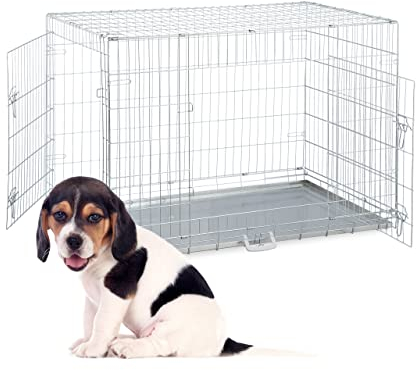 Relaxdays Hundekäfig, zuhause & Auto, HBT: 82 x 121 x 76 cm, Faltbare Hundebox mit Boden, 2 Türen, Griff, Stahl, Silber