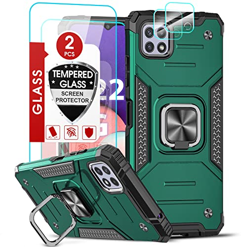 LeYi Tough Armor für Samsung Galaxy A22 5G Hülle mit 2er Panzerfolie & 2 Kamera Schutzfolie, Militär Standard Handyhülle Stoßfest Kratzschutz Schutzhülle Silikon Case Cover mit Ring Halter Dunkelgrün
