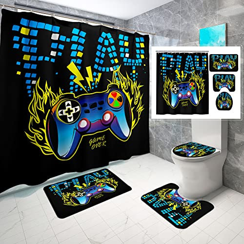 kodhyvj 4 Pcs Gaming Shower Curtain Set for Bathroom, Boys Gamer Bath Curtain for Kids Teens, Gamepad Controller Curtains with Rugs Bathroom Decor, Video Games Curtain Fabric with Hooks