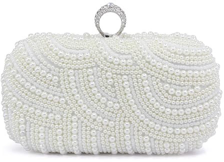 Aovtero Pearl Clutch Bag Braut Geldbörse Frauen Hochzeit Abschlussball Abendtaschen volle Perlen Handtasche mit Kette, elfenbeinweiß, Medium