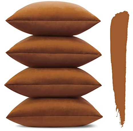Sungeek 4er Set Samt Kissenbezüge 45x45 cm, Dekorativ Zierkissenbezüge Weich Kissenbezug Dekokissen Sofakissen Couchkissen Deko Bezug Kissenhülle für Sofa Schlafzimmer Wohnzimmer (Orange)
