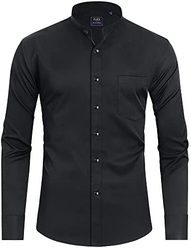 J.VER Mens Black Grandad Collar Dress Shirt Regular Fit Long Sleeve Casual Non Iron Button Down Banded Collar Shirt with Pocket L