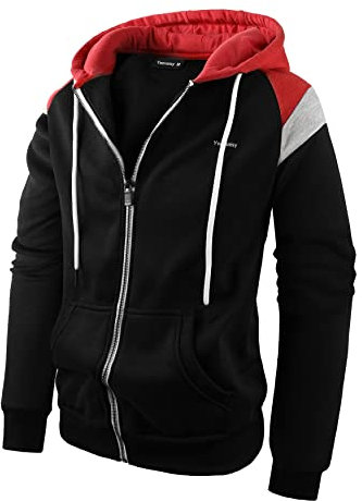 Ywenaisy Herren Trainingsjacke Sweatjacke Kapuzenjacke Zip Hoodie Jacke Farbblock Pullover Schwarz(09#Rot-Schwarz,XXL)