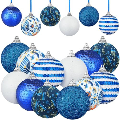 Yuxung Hanukkah-Kugel-Baumschmuck, Davidstern, Chanukka-Ornament, Weiß und Blau, hängende Dekorationen, 12 Stück