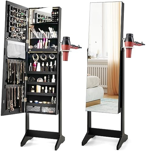 COSTWAY LED Lights Jewellery Cabinet, Floor Standing Lockable Jewelry Armoire with Full Length Mirror and Hairdryer Mount, Cosmetics Makeup Storage Organiser Unit (Black, with Lights Control Button)