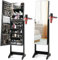 COSTWAY LED Lights Jewellery Cabinet, Floor Standing Lockable Jewelry Armoire with Full Length Mirror and Hairdryer Mount, Cosmetics Makeup Storage Organiser Unit (Black, with Lights Control Button)