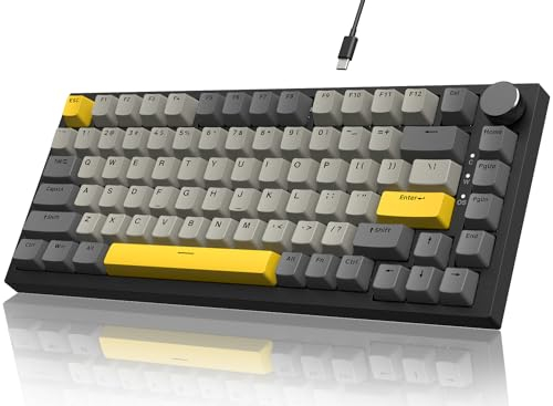 YINDIAO Ajazz AK820 Mechanische Tastatur mit Knopf,75% ANSI-Layout,82 Tasten,Kabelgebundene Gaming-Tastatur,Verbesserte Dichtungsmontage,Hot Swappable,Linearer Schalter,RGB-Licht,für PC,MAC (Grau)
