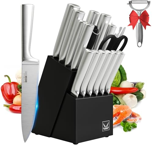 16PCS Chef Knife Set, HUIKAILI Kitchen Sets with Wooden Block, Stainless Steel Sharpener, High Carbon & Ergonomic Handle Sharp Set Boxed Gift LD-016